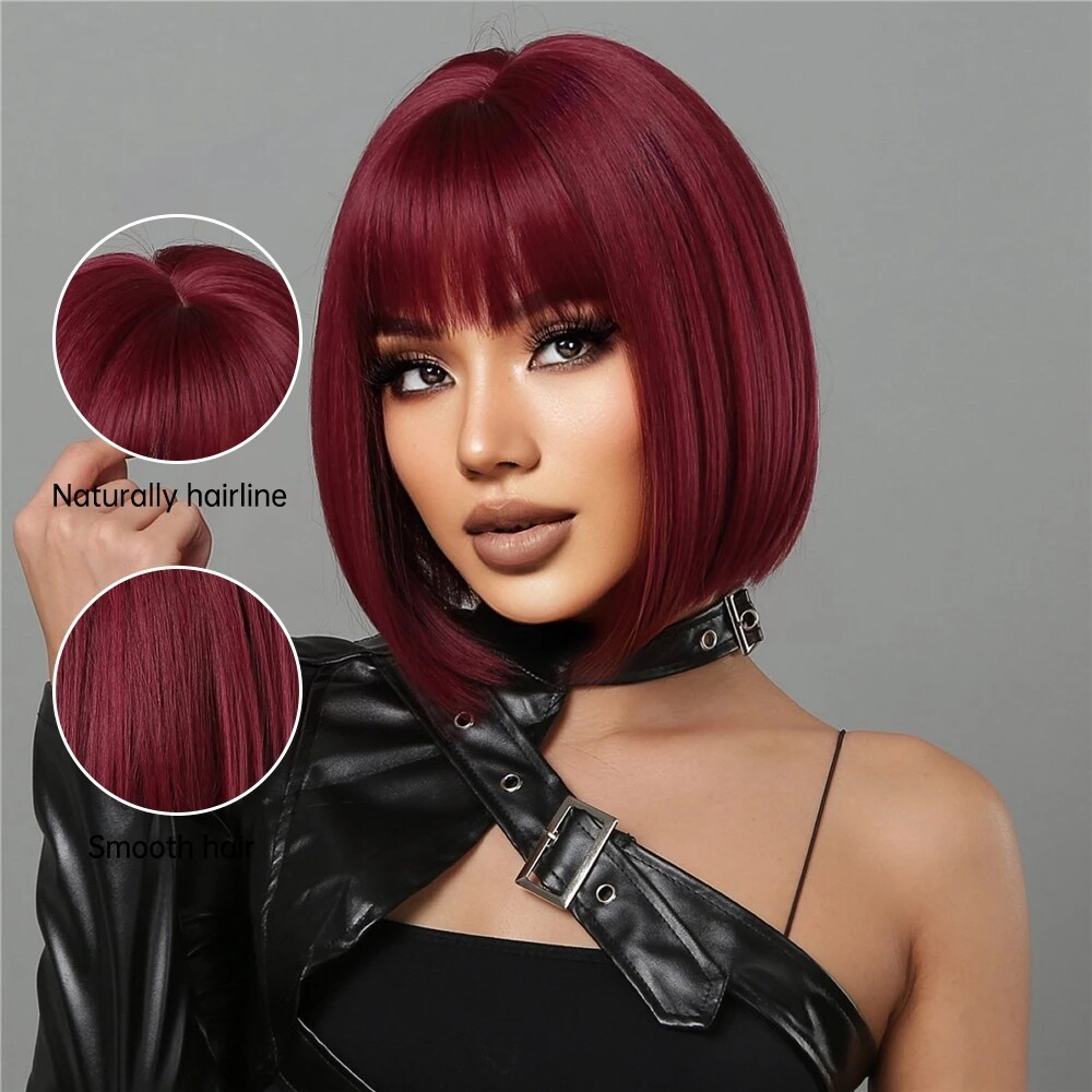 Women Short Synthetic Wigs with Bangs Wine Red Color Natural Bob Straight Wigs