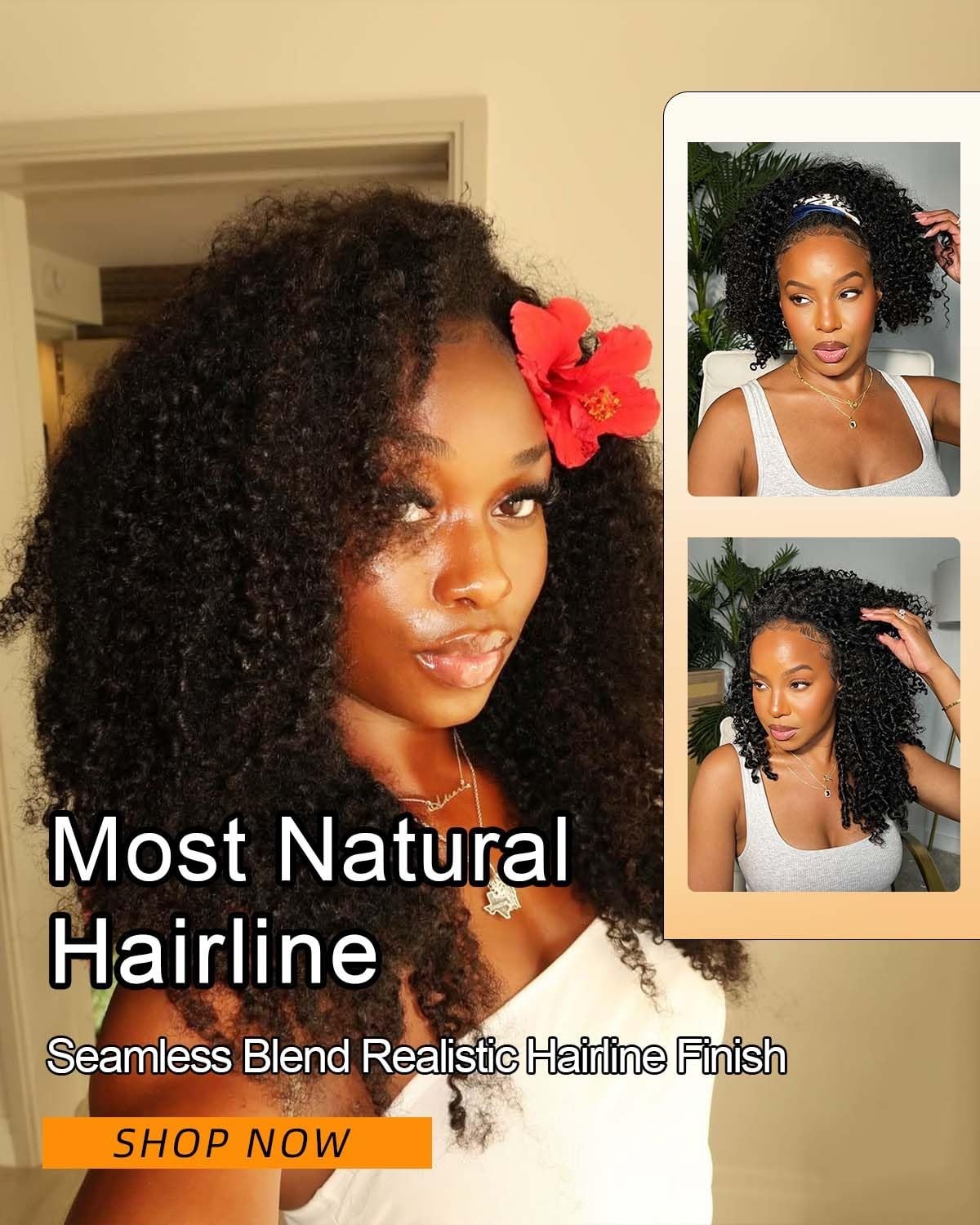Kinky Curly Half Wig 200% Density – 18″ Afro Curly Glueless Headband Wig for Wom