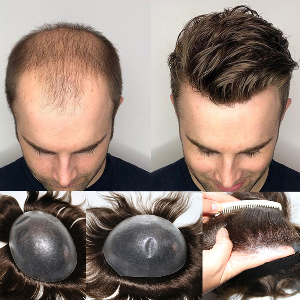 Mens Human Hair Replacement Ultra Thin Skin Toupee Hairpiece PU System Wig Bald