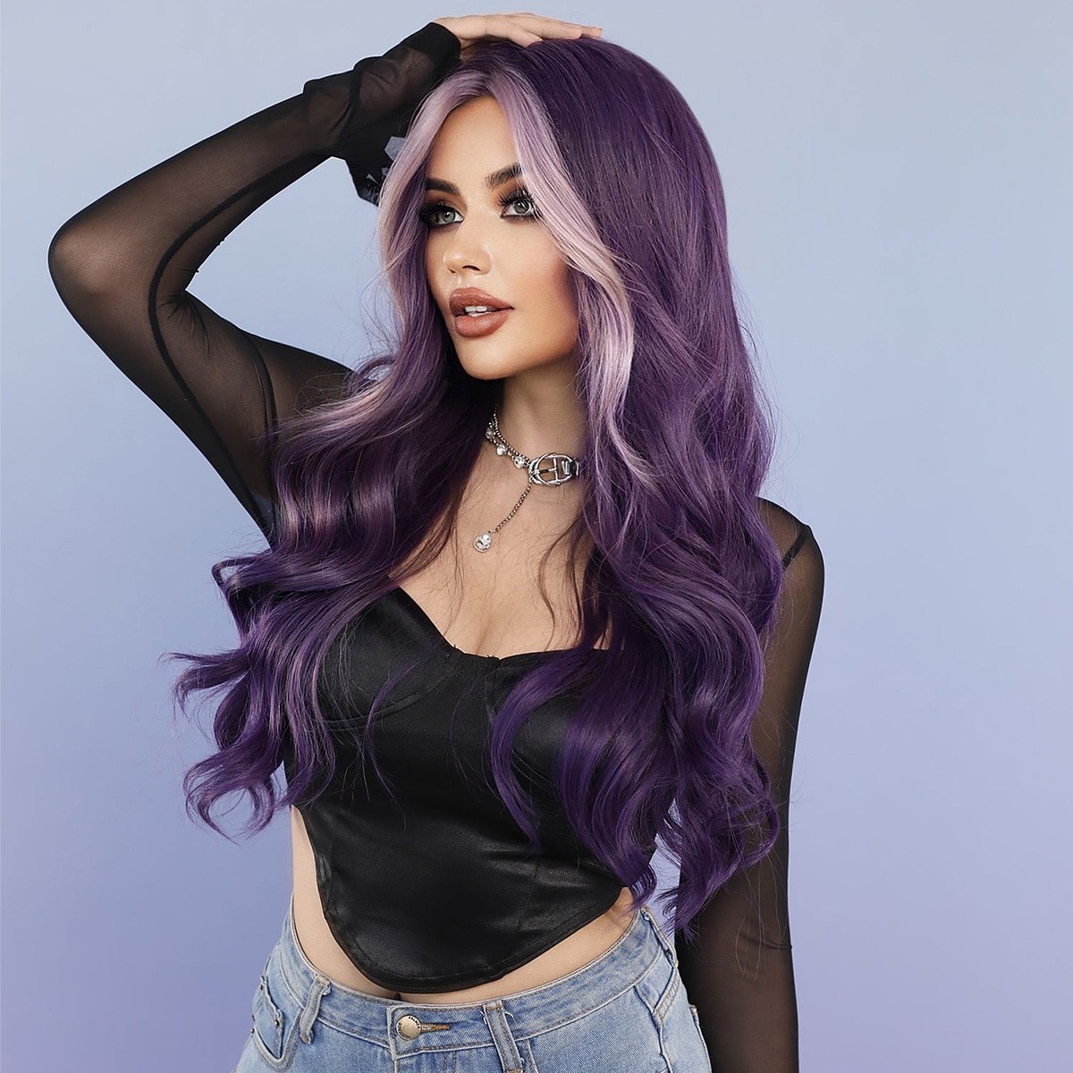 Long Wavy Purple Wig Middle Part Highlight Skunk Stripe Synthetic Hair Wig for