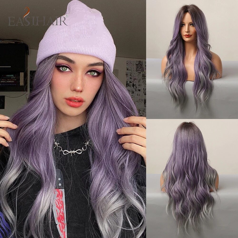 EASIHAIR Black Brown Golden Highlight Wigs Long Wavy Synthetic Hair Wigs with Ba