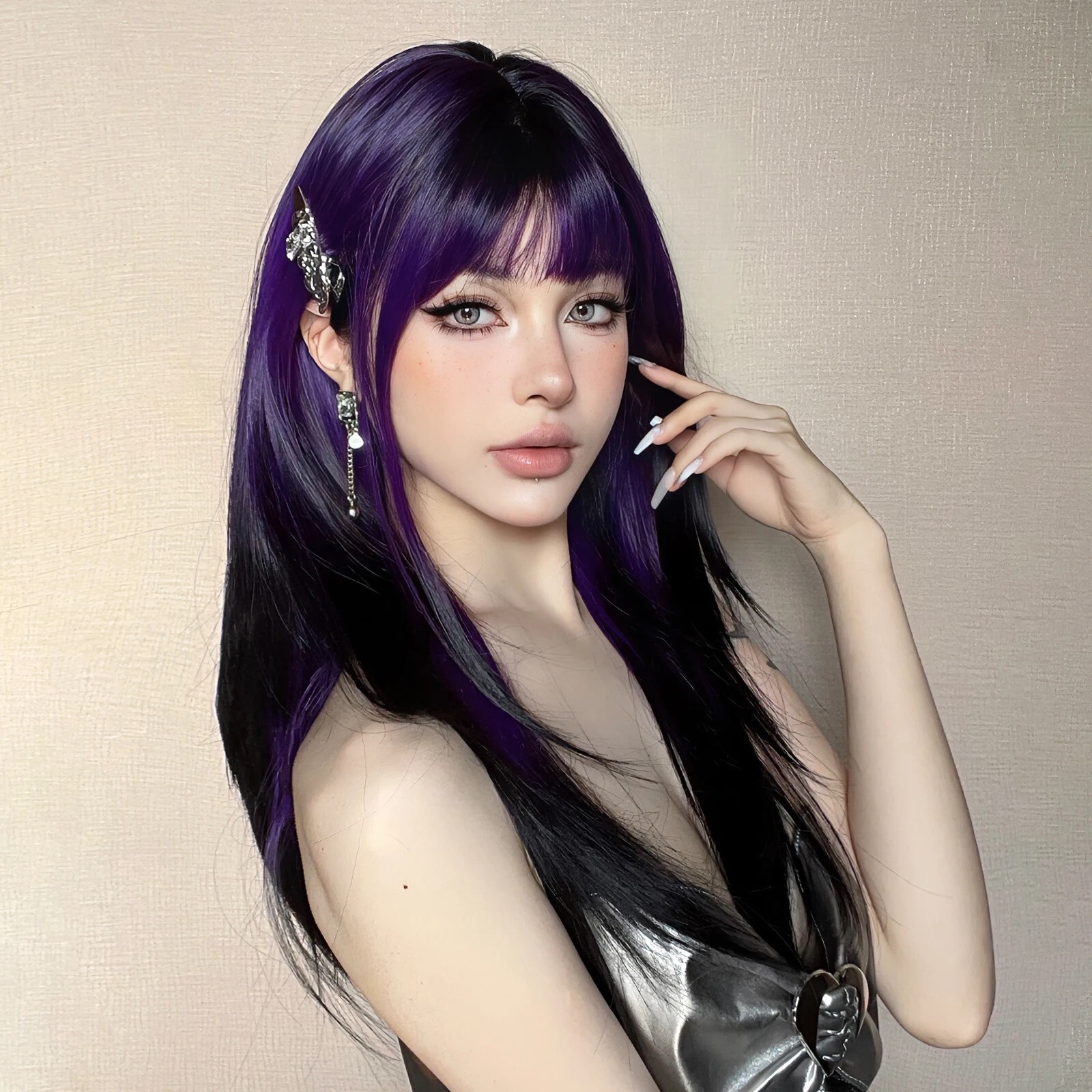 Cosplay wig women’s Black Purple Ombre hair large wavy long Straight Hair
