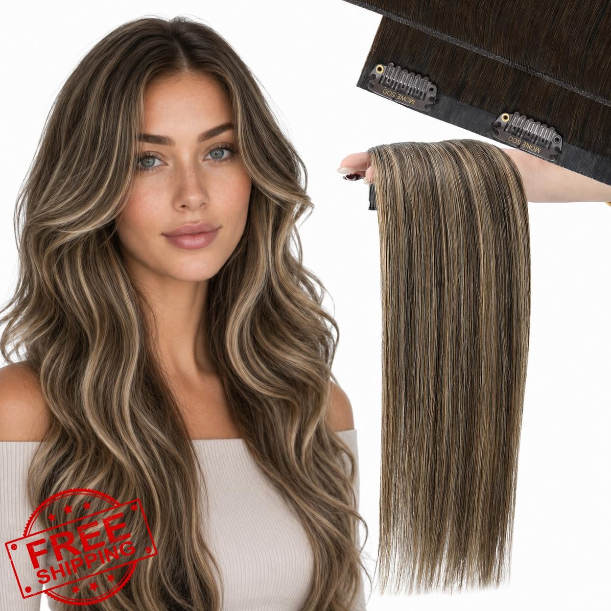 Moresoo Medium Brown Caramel Genius 22 inch 130g clip hair extensions