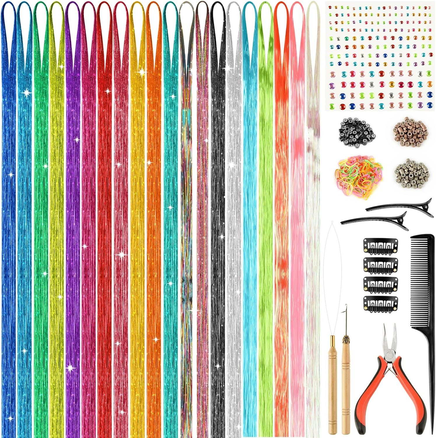 20 Colors Hair Tinsel Kit with Tools 4000 Strands 47 Inches Tinsel Hair Extensio