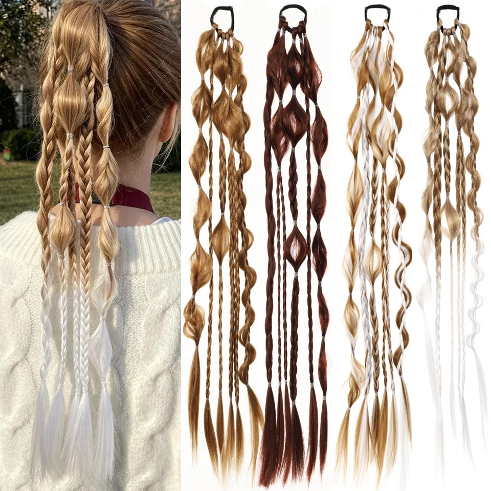 Lightweight Synthetic 24Inch Long Braided Bubble Ponytail Wig For Women Party