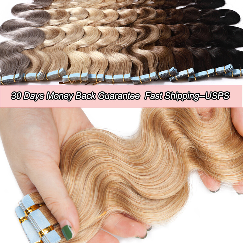 Russian Tape In Human Hair Extensions Virgin PU Skin Weft Full Head Body Wave 18