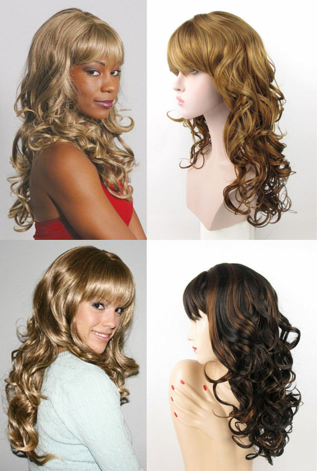 WOMENS LONG WAVY CURLY HAIR LAYERED WIG W/ BANGS SHOWGIRL VICTORIAN ERA CARLOTTA