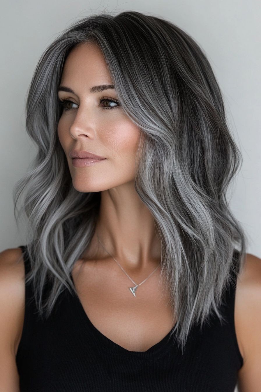 Black with Dark Silver Gray Highlight Wigs for Women Lace Front Human Hair Wigs