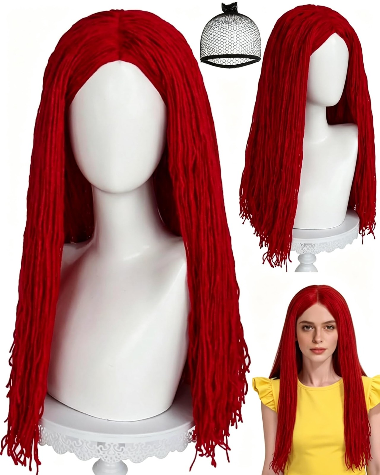 Hair Cap Red Wool Wig Reddish Cosplay Costume Long Straight Dark-Red Yarn