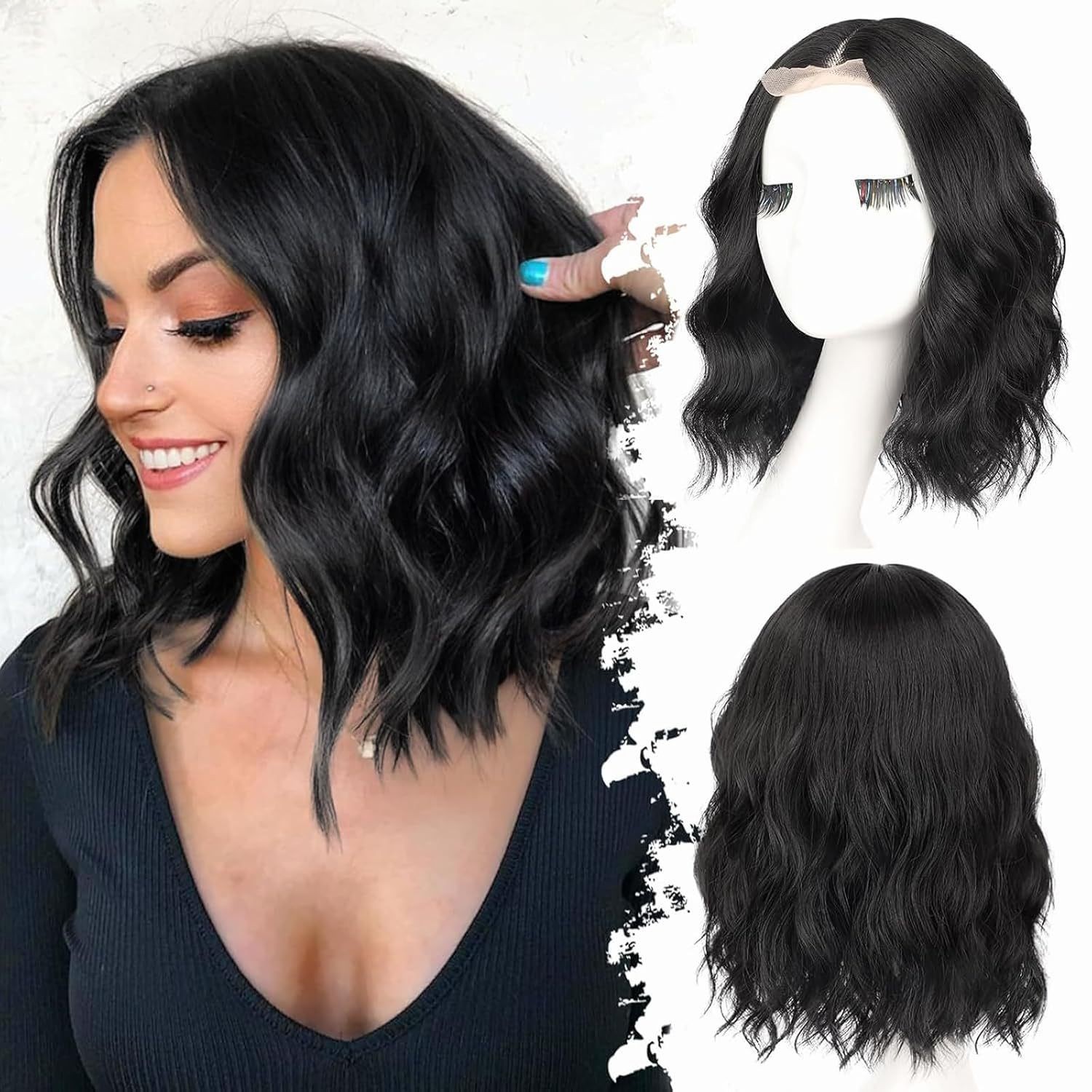Small Lace Water Wave Short Curly Synthetic Full Head Wig Heat Resistant Daily