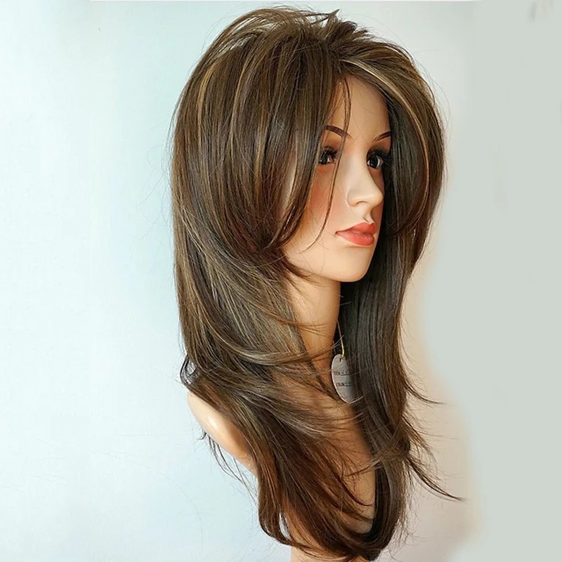 Hairjoy Long Layered Brown Highlight Wig Synthetic Hair Fiber Multicolor Wigs Fo