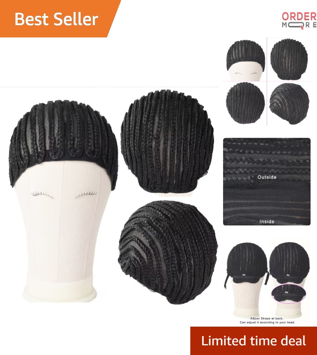 Cornrow Wig Cap Synthetic Crochet Braided Cap with Adjustable Straps 2pcs