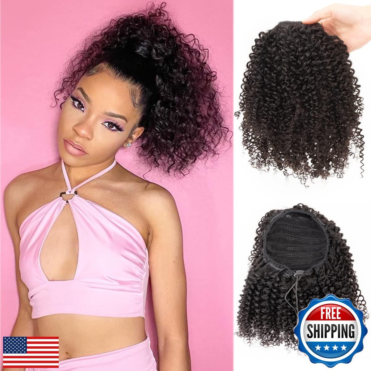FEIPRO Curly Ponytail Extension for Black Women Real Human Hair Natural Draws