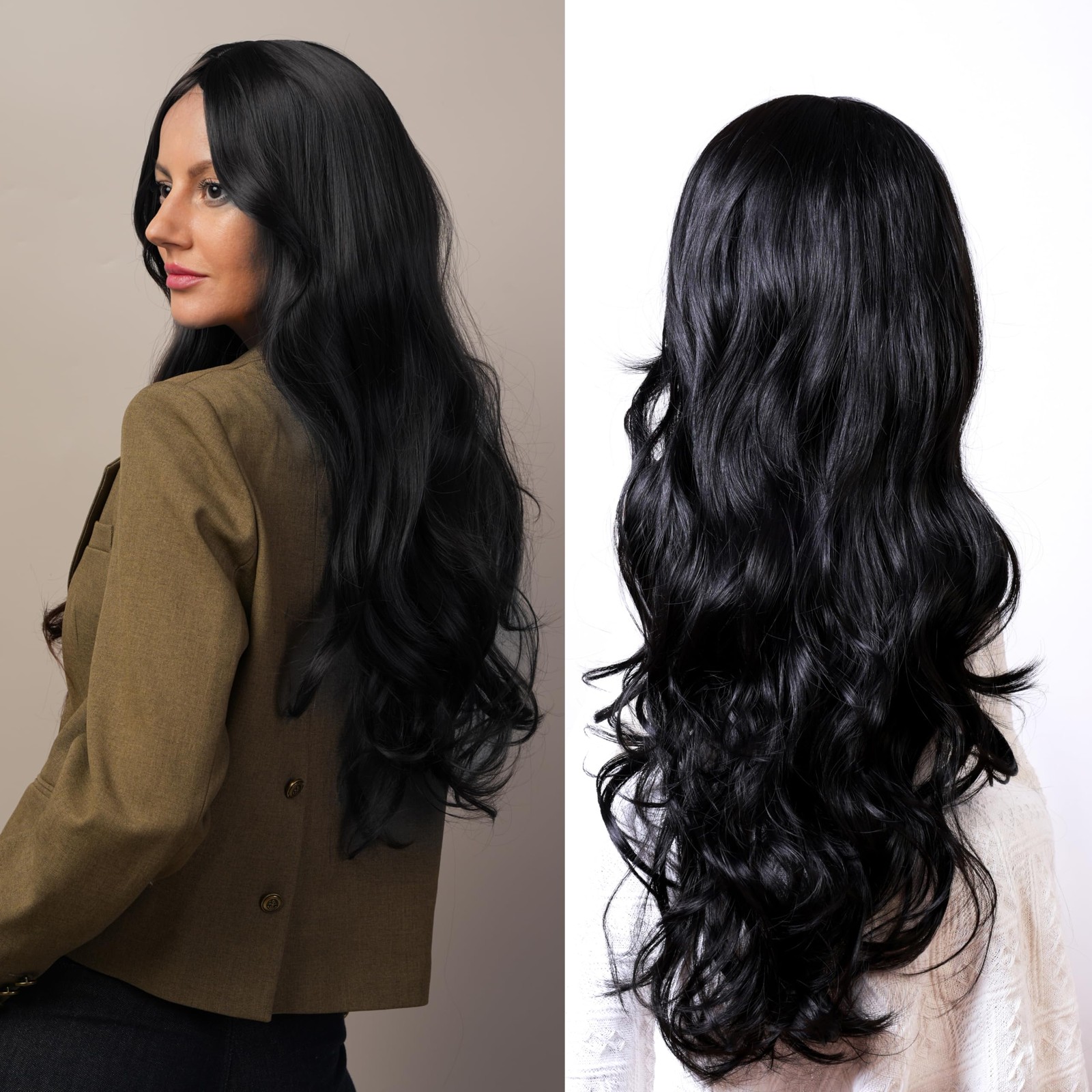 Long Black Curly Wig Middle – part Wavy Style Designed for Women Black Wig wi…