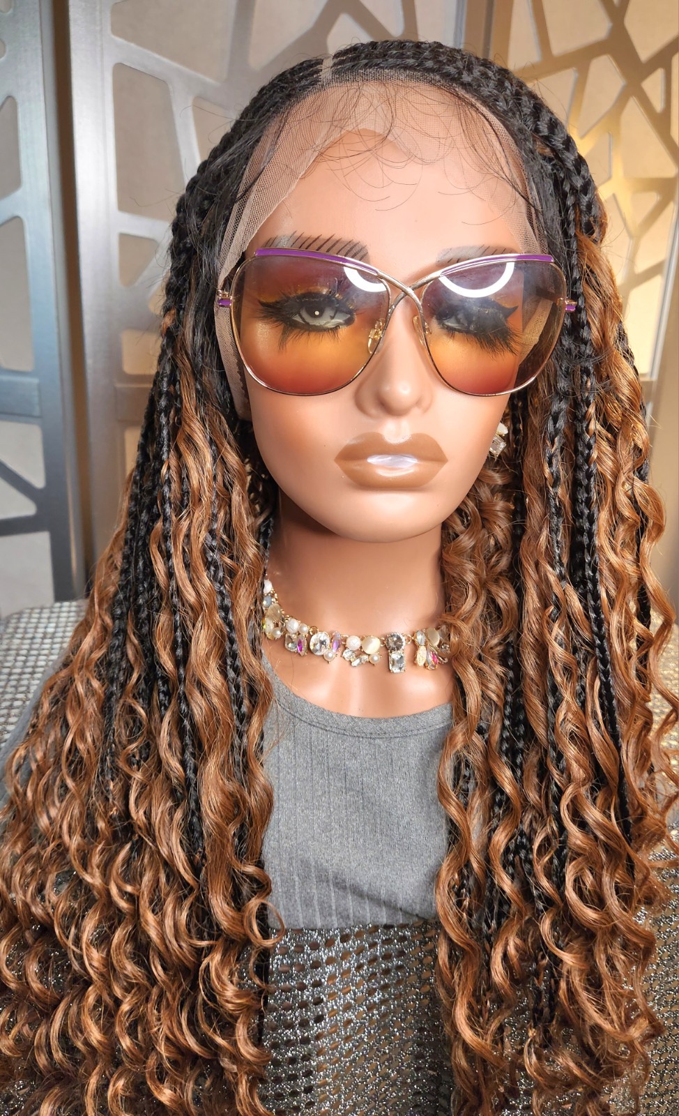 Boho Knotless Box Braids Wig 13×6 Lace Front Ombre Black Auburn Curly Ends