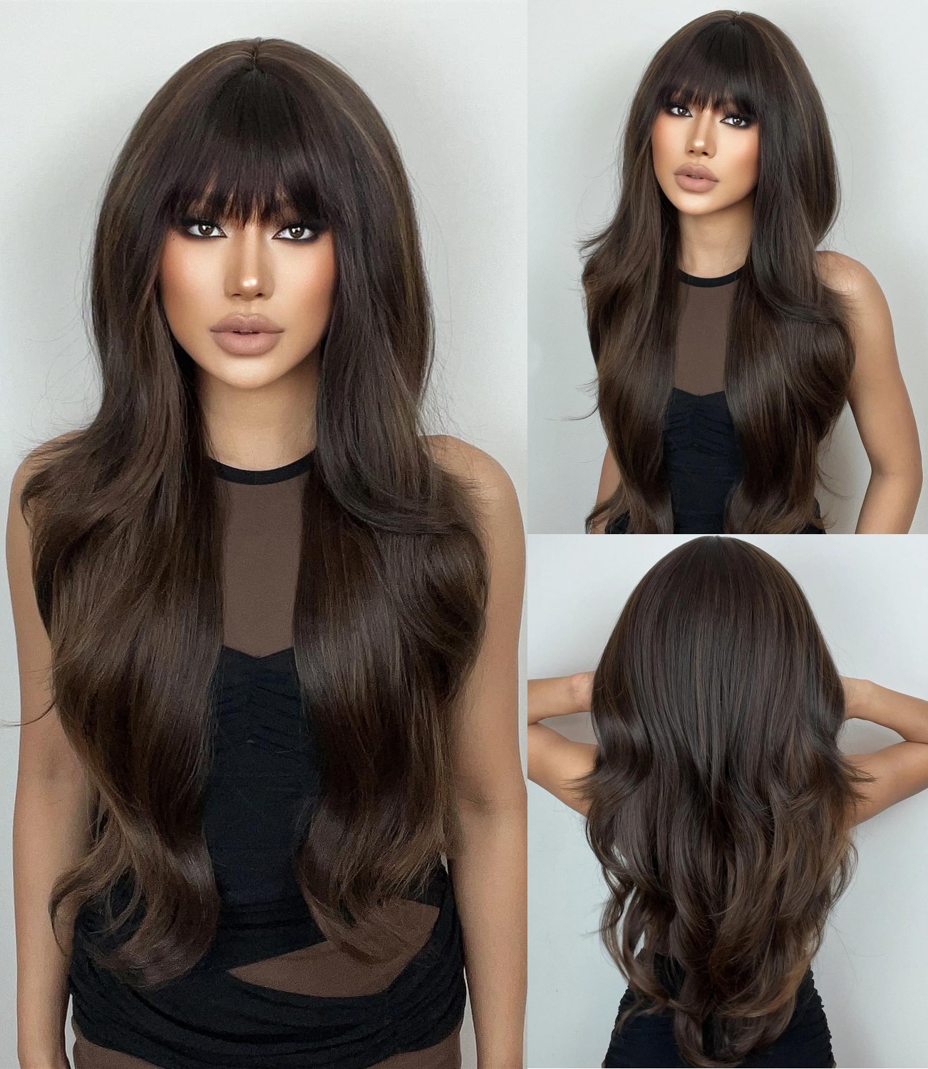 Mixed Brown Heat Resistant Synthetic Hair Cosplay Wigs With Fringe Long Wavy