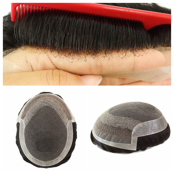 Toupee for Men Human Hair System French Lace Front Skin Hairpiece Octagon 7×9#1B