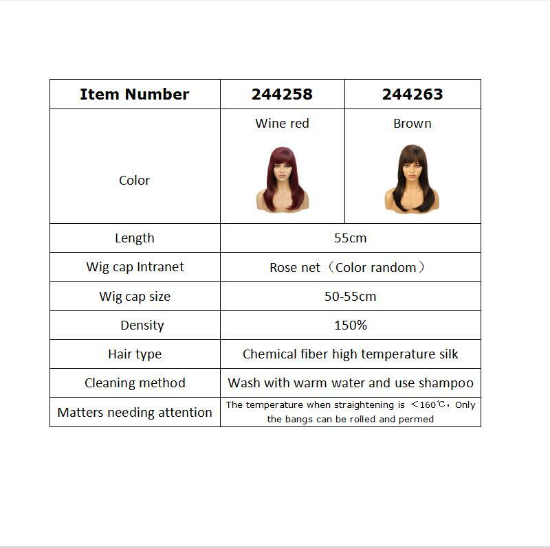 Wine Red High Temperature Fiber Hair Wigs with Bangs for Women Natural Hair 55cm