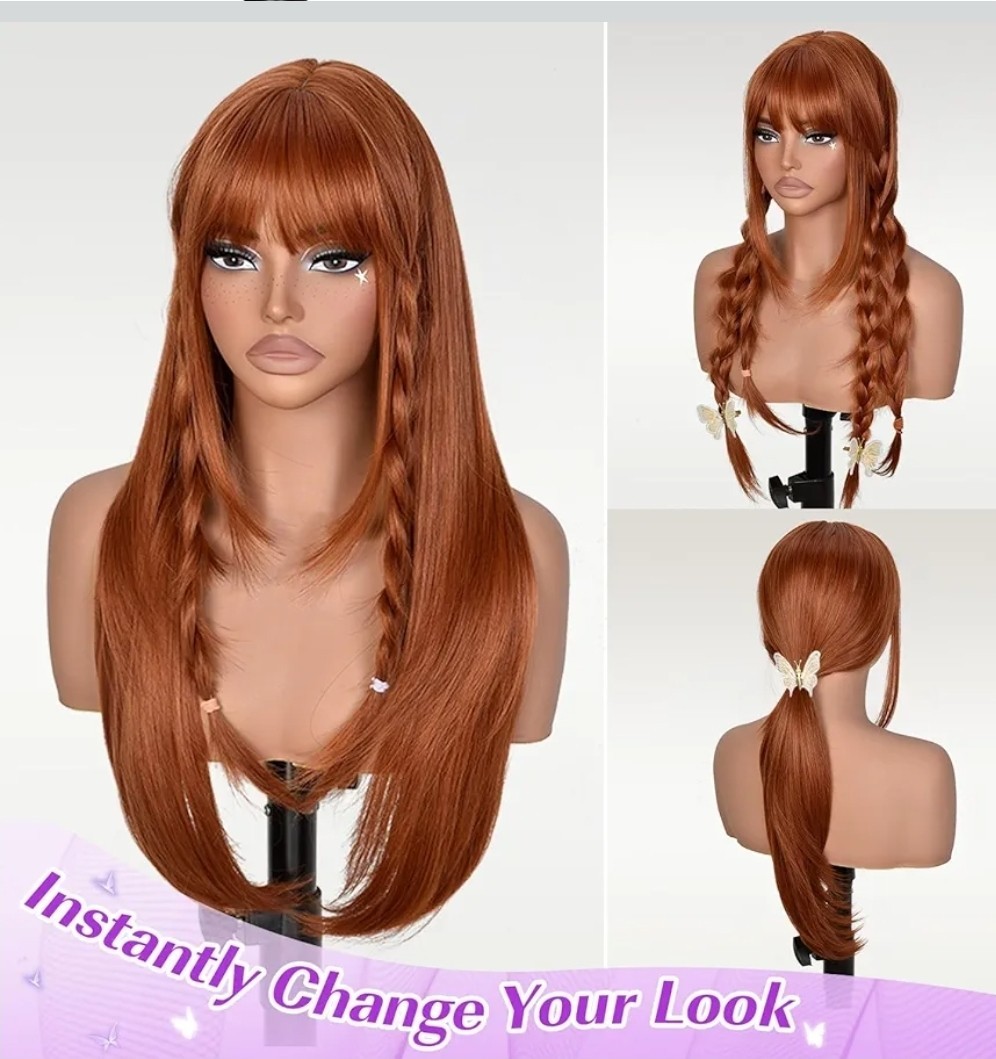 Wig Long Layered Straight with Bangs Auburn / Copper / Red heat resistant Hair