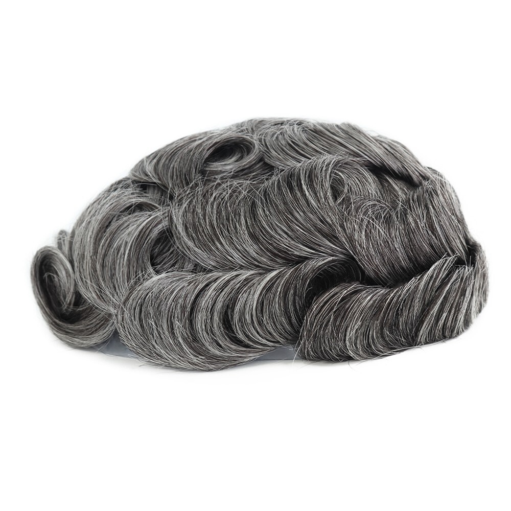 Mens Toupee Human Hair System French Lace Front Black Grey Hairpiece Q6 #1B50