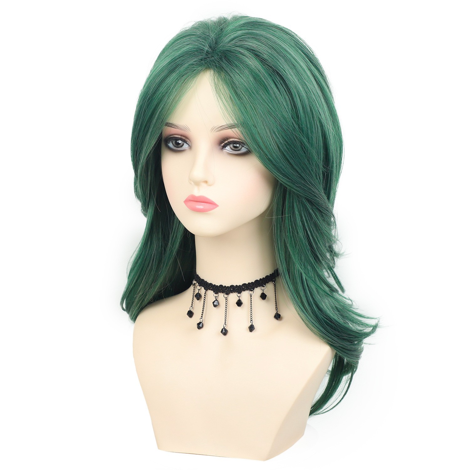 Green Synthetic Wig Medium Length Layered Hairpiece for Cosplay & Daily Wear