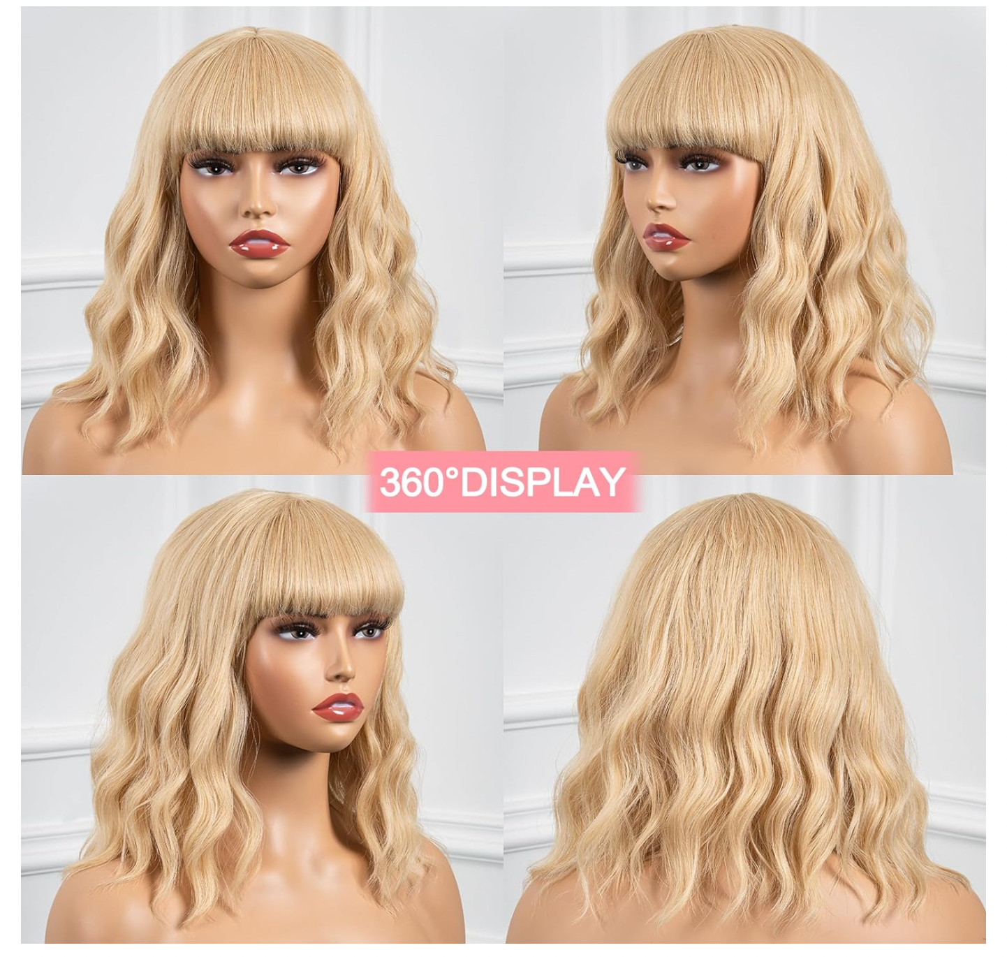 Short Wavy Bob Wigs With Bangs – 12 Inch Synthetic Wigs Blonde Glueless Bob Wigs