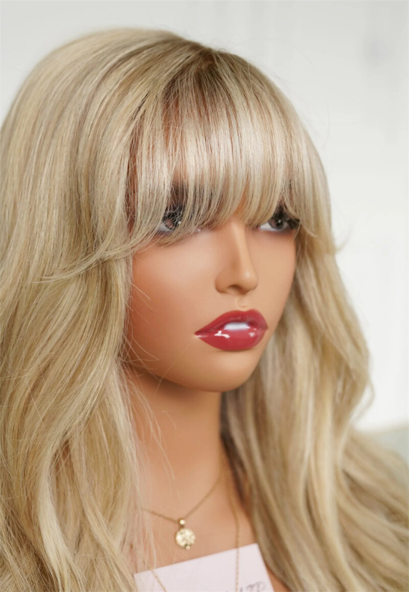 Ombre Golden Honey Blond Wig with Bangs for Women Lace Front Wigs 100% Remy Hair