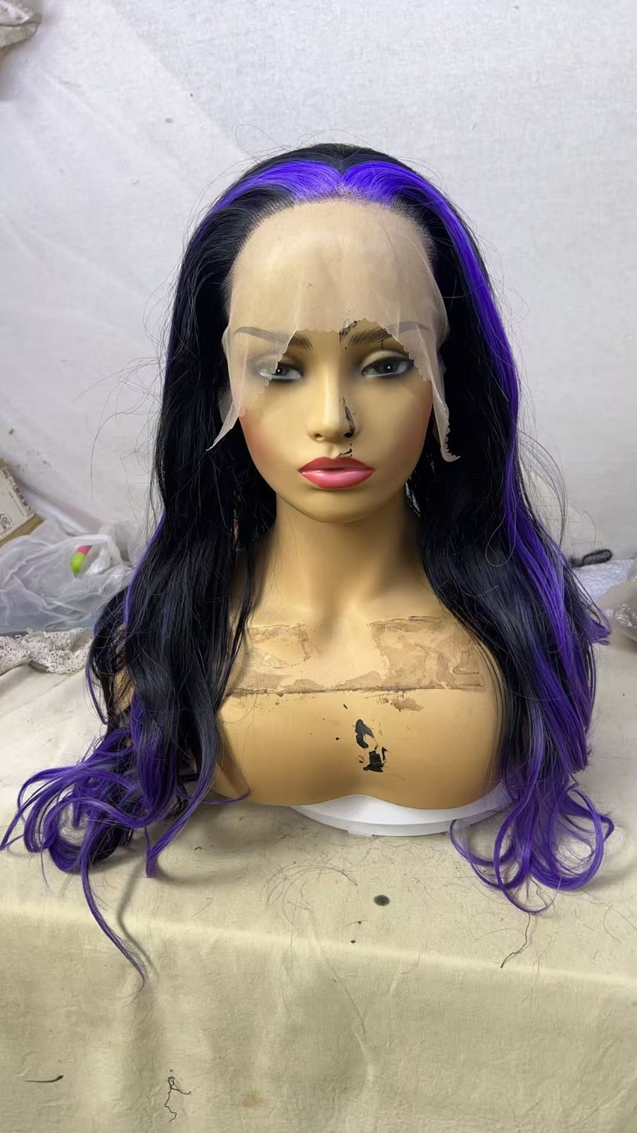 26″ Black with Purple Highlight Lace Front Wigs for Women Party Natural Hairline