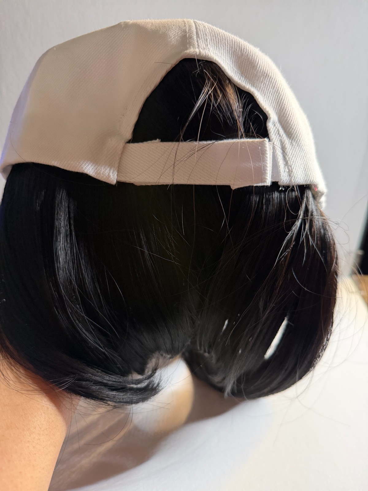 White Hat Wig with Black Hair | Adjustable Baseball Cap Wig | Easy Everyday