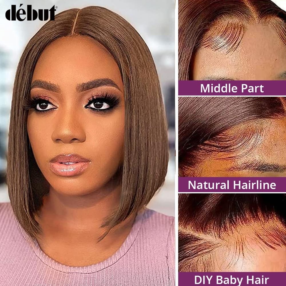 Chocolate Brown Straight Bob Wig Human Hair T Part Lace Front Short Bob Wig Wome