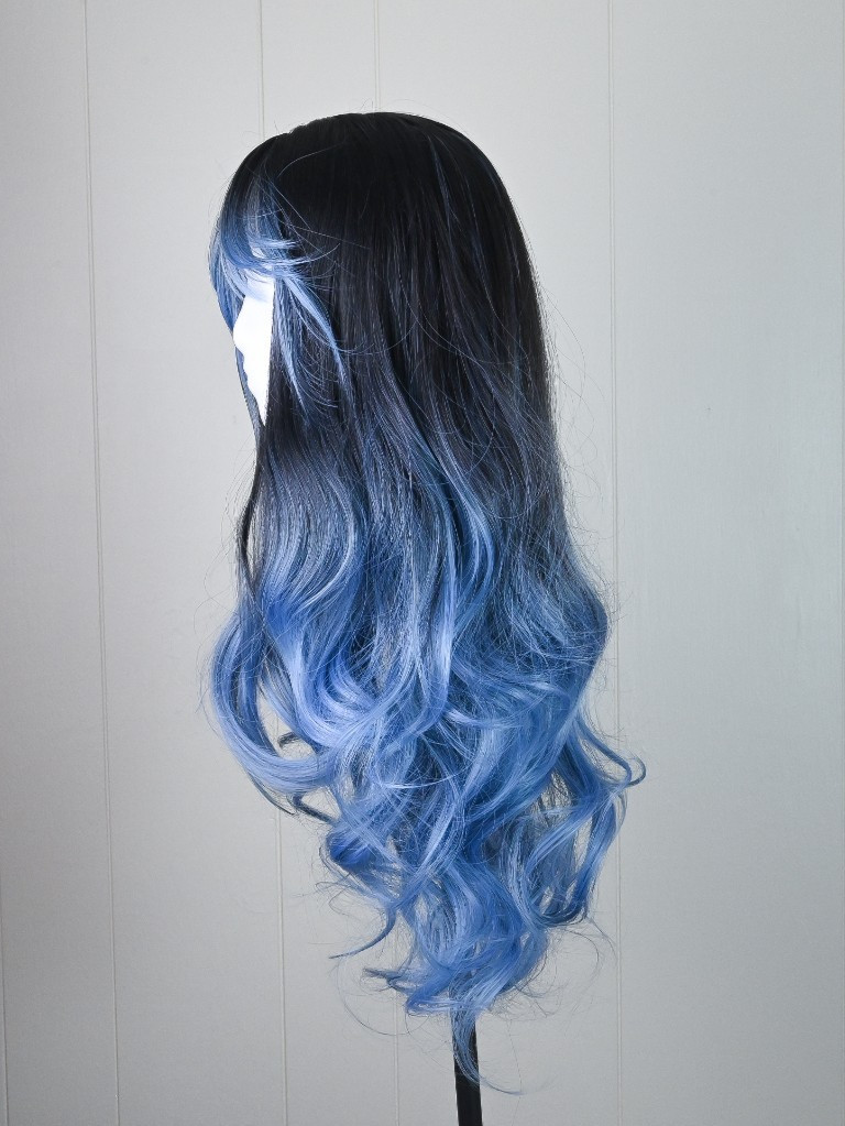Black and Blue Wavy Wig for Women | Long 26″ Synthetic Hair with Bangs