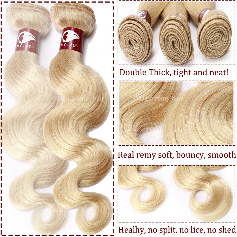 Blonde Virgin REMY Human Hair Extensions Doubel Weft Weave 100-300g with closure
