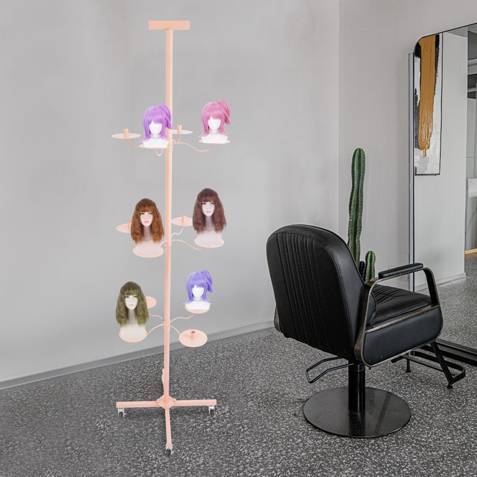 Pink 12-Head Heavy Duty Wig Stand Organizer | Metal Tripod Rack | Salon Display