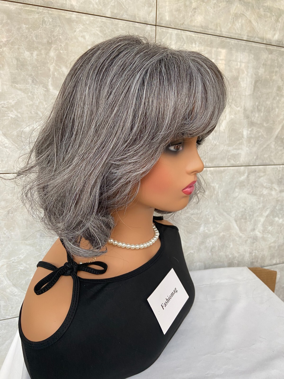 Salt and Pepper Medium Bob Wavy Gray 100% Human Hair Blend Wig Women Natural