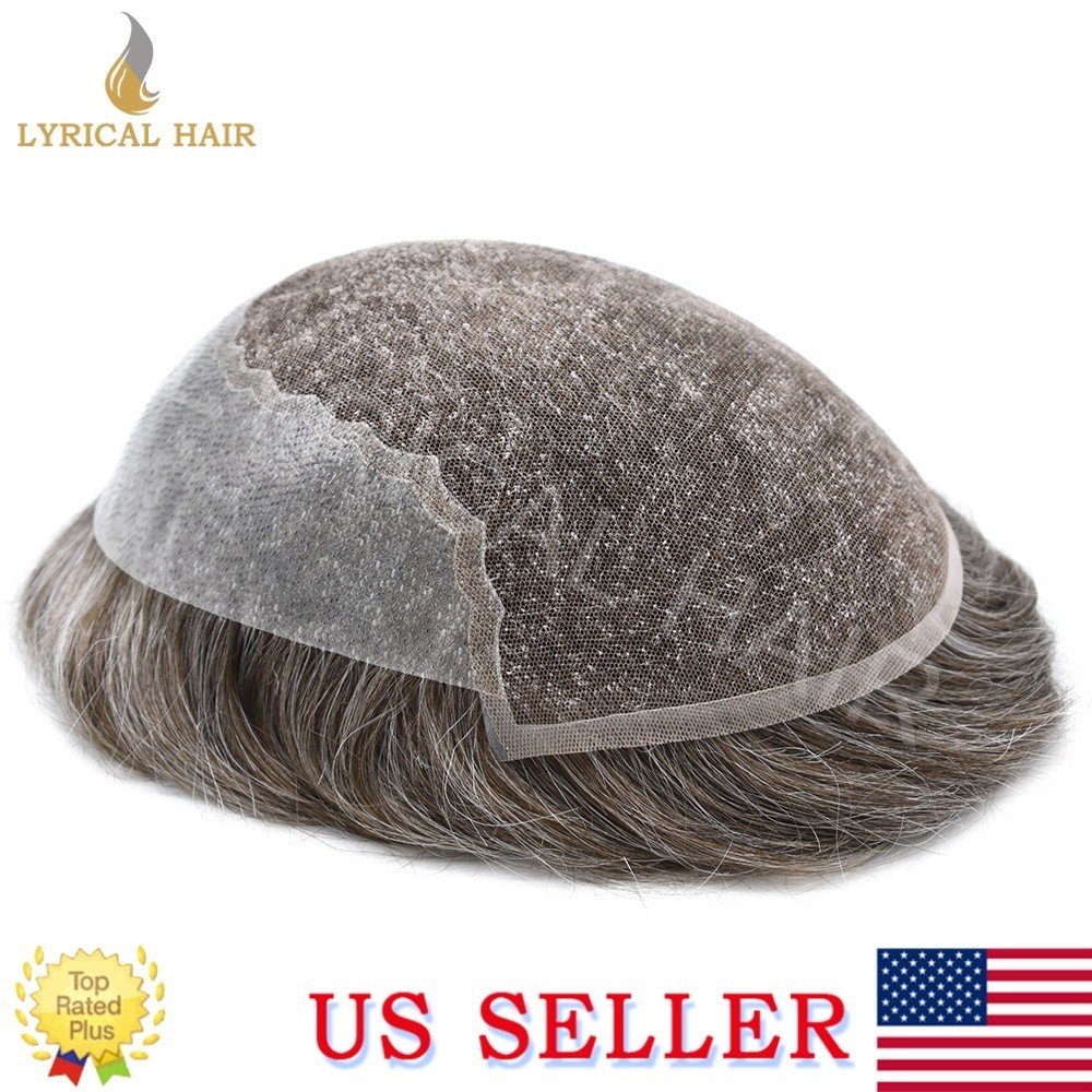 Q6 Mens Toupee French Lace Front Skin PU Human Hair Pieces Natural Hairline Wigs