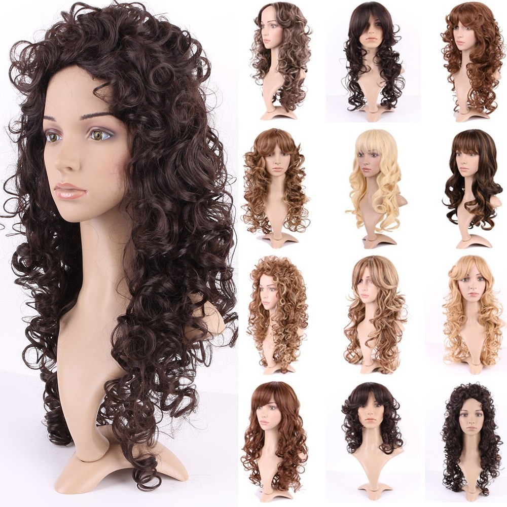 Women Ladies Brown Blonde Wig Long Hair Curly Straight Bangs Full Wigs Glueless