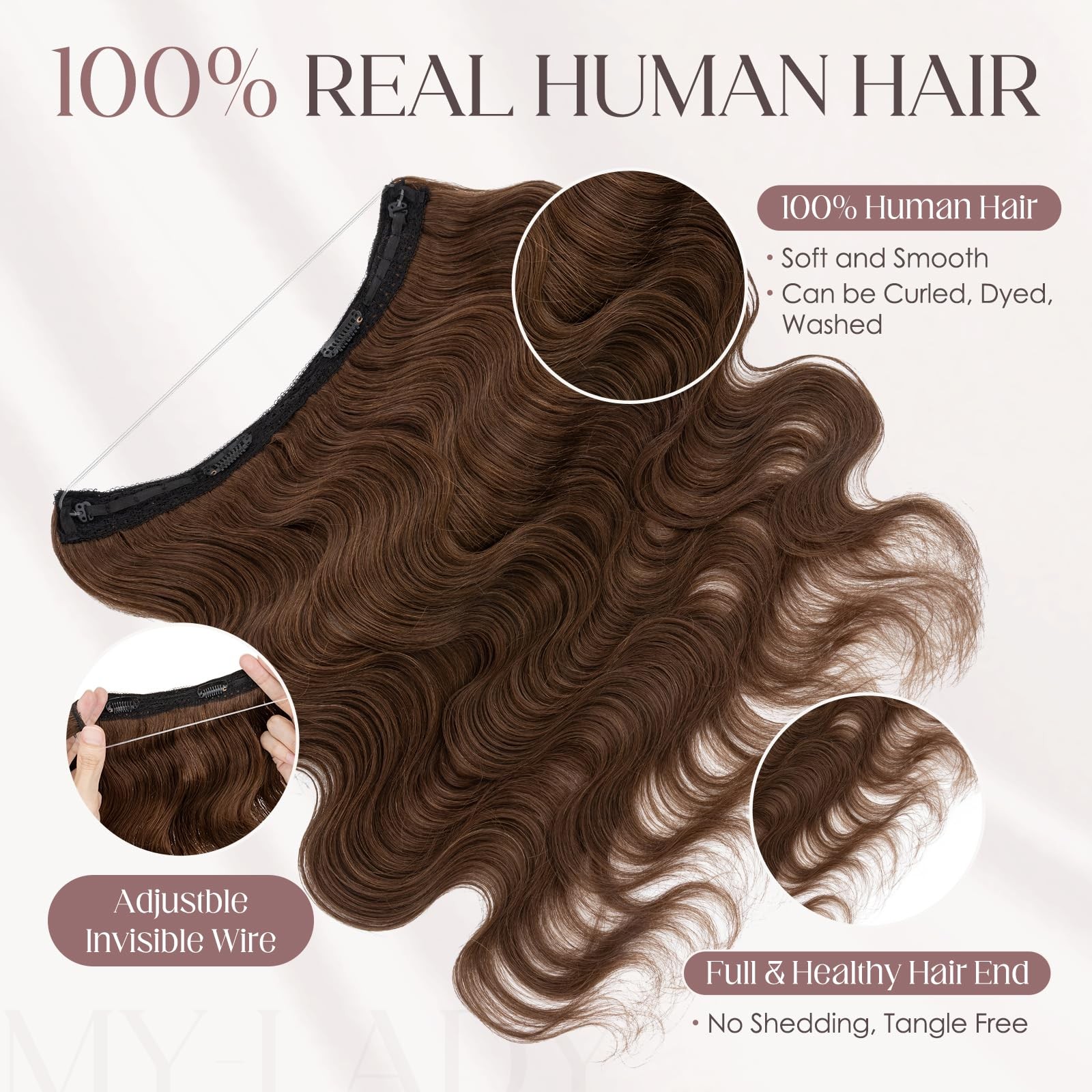 My-Lady Wavy Halo Hair Extensions Real Human Hair For Women Medium Brown Clip