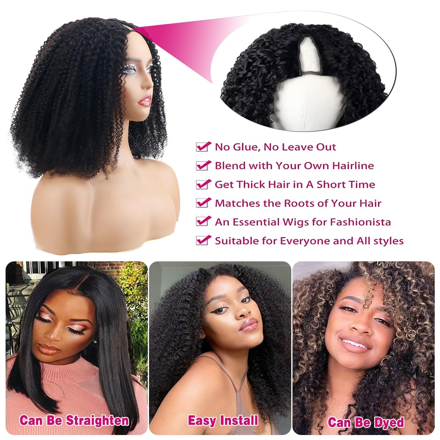 Kinky Curly V Part Human Hair Wig – 200% Density, Drawstring, Clip-In, 26″ Natur