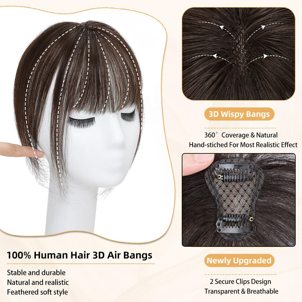 100% Real Human Clip in Hair Fringe 3D 360° Cover Air Bangs Lace Topper Toupee