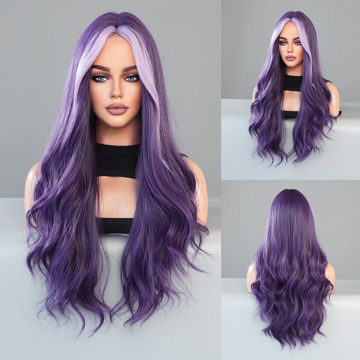 Long Wavy Purple Wig Middle Part Highlight Skunk Stripe Synthetic Hair Wig for