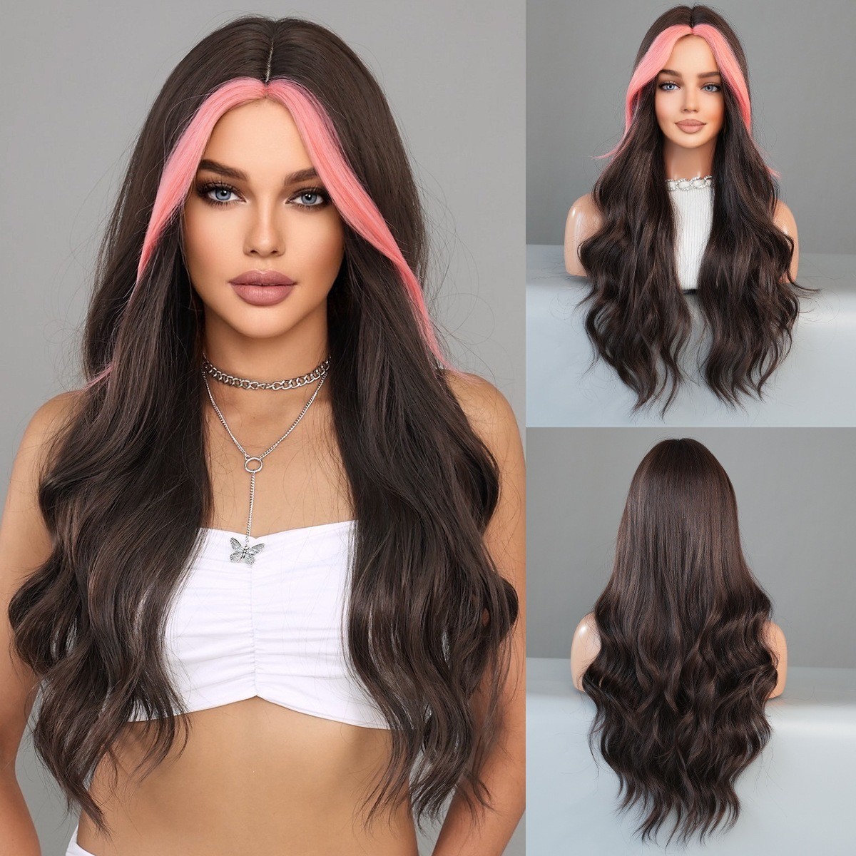 Women parted highlighted long curly hair wig with large waves artificial hair