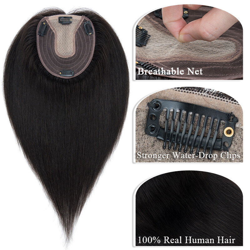 Women’s 100% Remy Human Hair Topper Clip In Hairpiece Silk Base Toupee 13*15cm