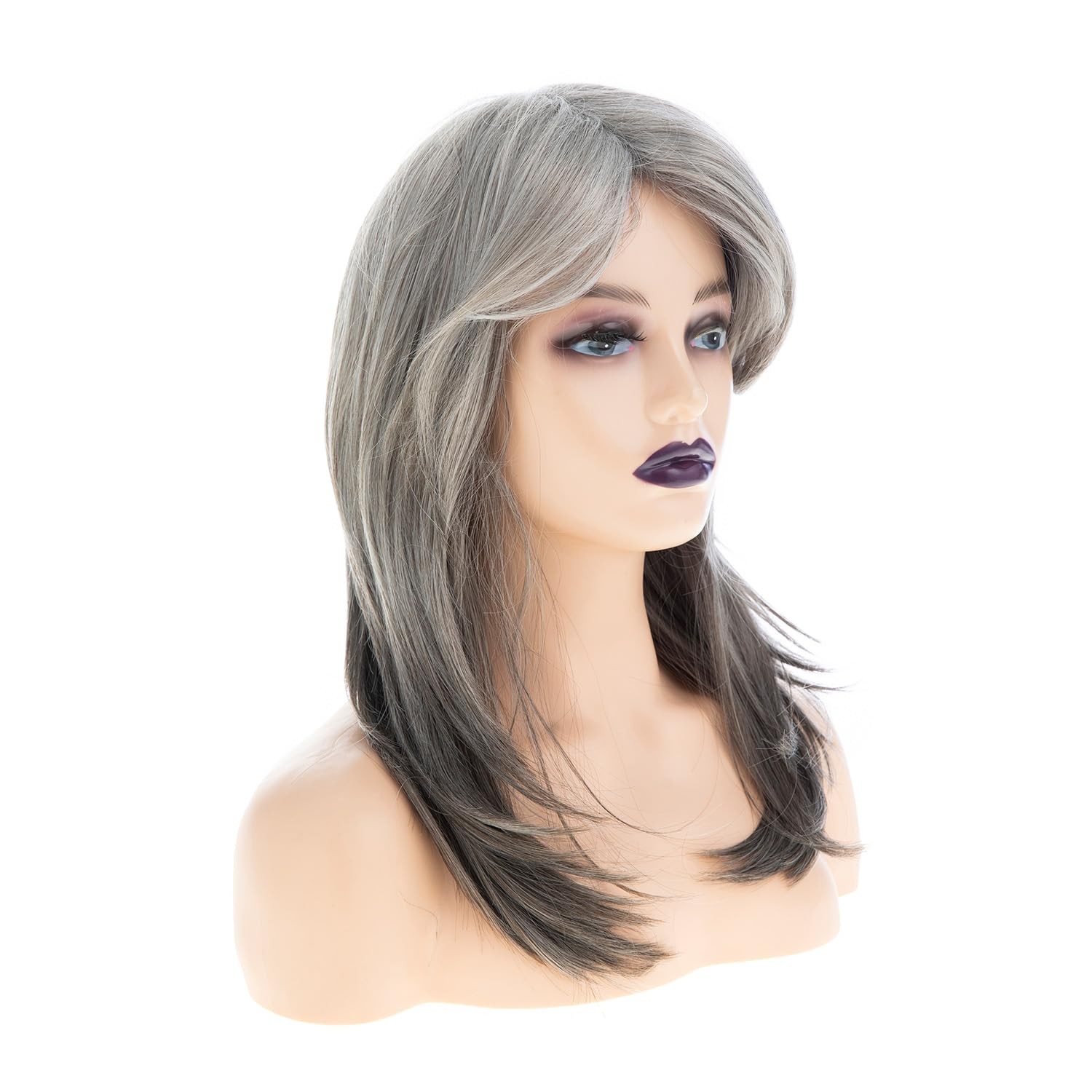 Womens Long Straight Grey Layered Synthetic Hair Wigs with Bangs