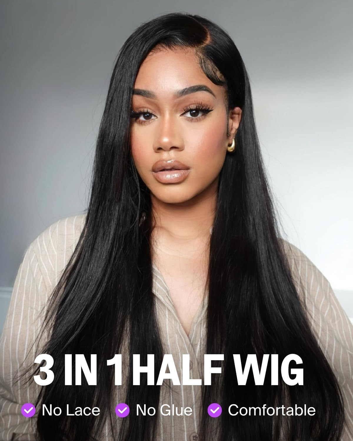 20-Inch Straight Headband Wig Human Hair Drawstring Ponytail Half Wig – No Lace,