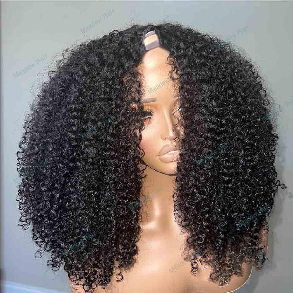 Afro Kinky Curly V Part Wig Human Hair Brazilian Virgin Upgrade U Part Wigs Glue