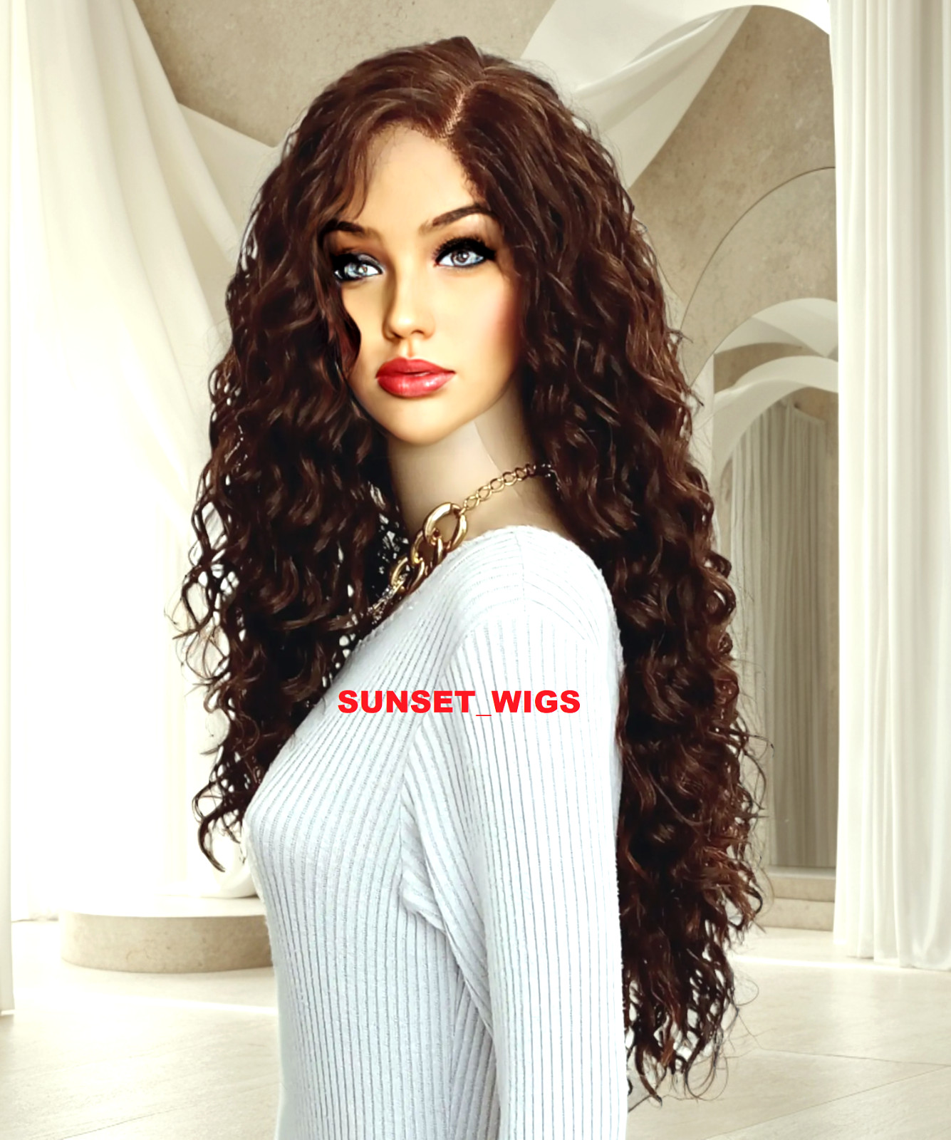 34″ LACE FRONT WIG LONG CURLY LAYERED BROWN AUBURN MIX #P4.27.30 HEAT OK NWT