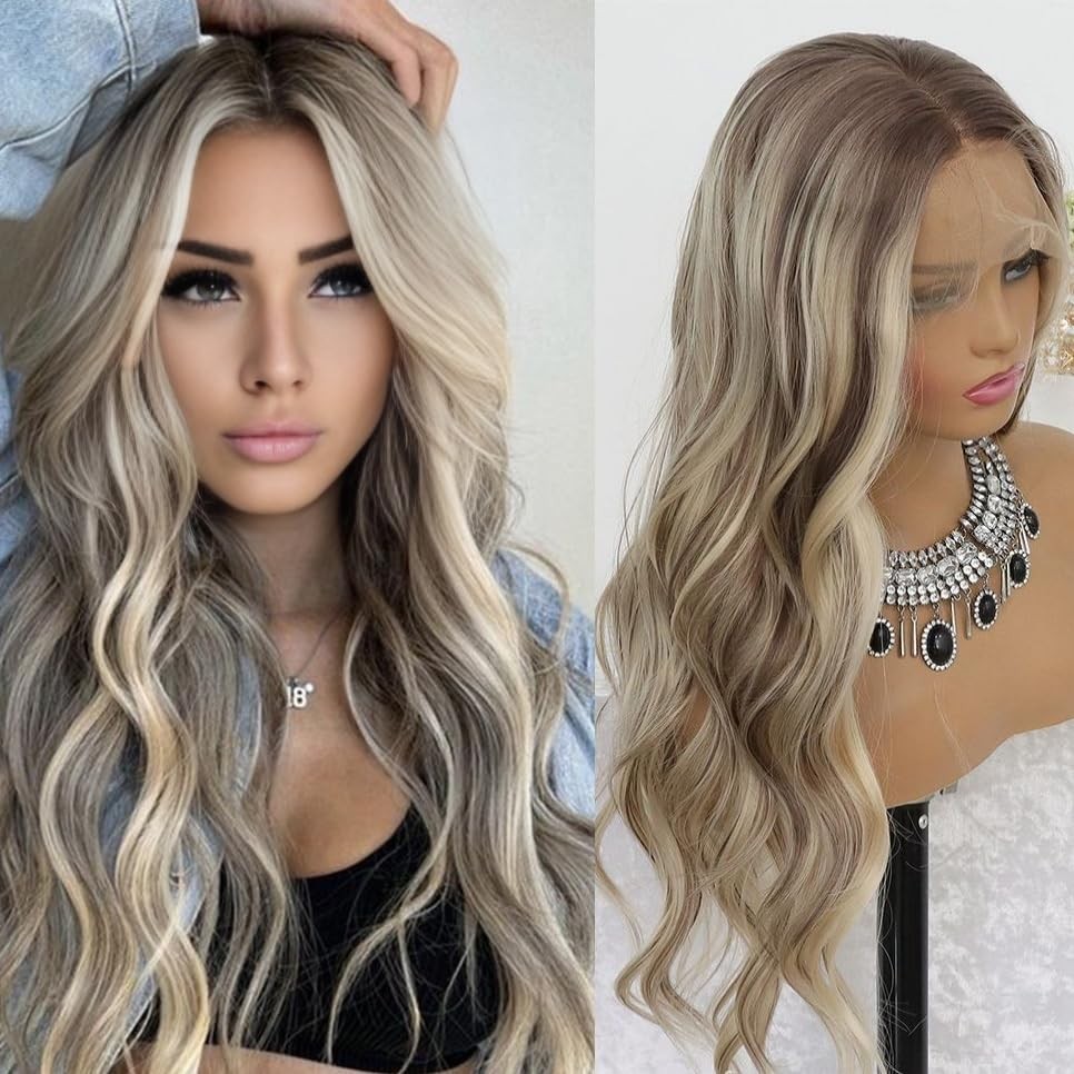 MACA BAKA Highlight Ash Blonde Lace Front Wig Pre Plucked Glueless Long Wavy …