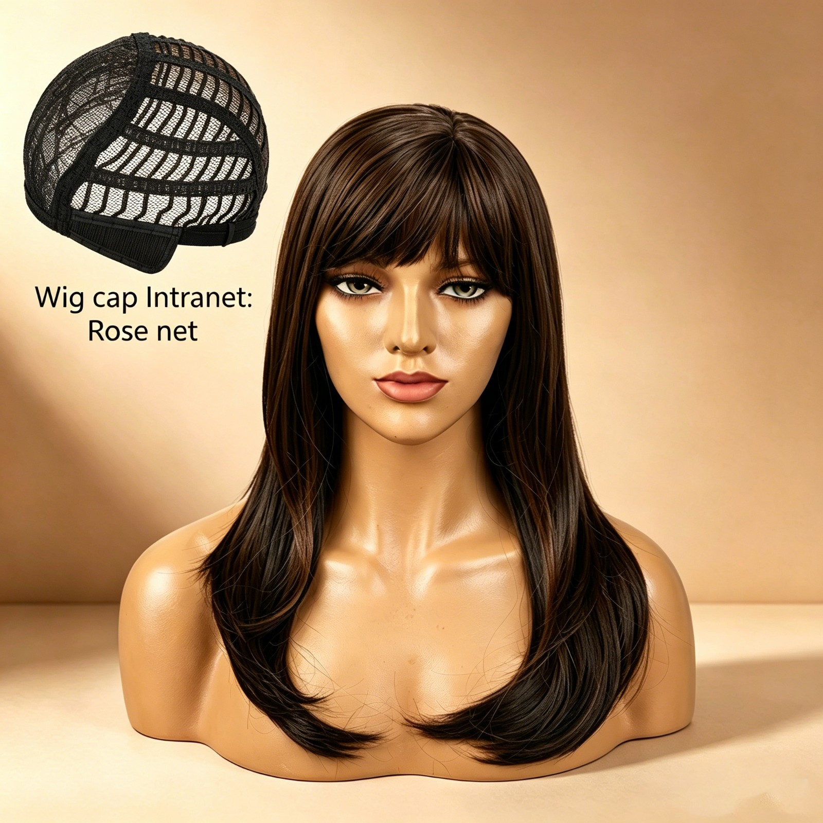 55cm Color Brown High Temperature Fiber Hair Wigs With Bangs For Women Rose net