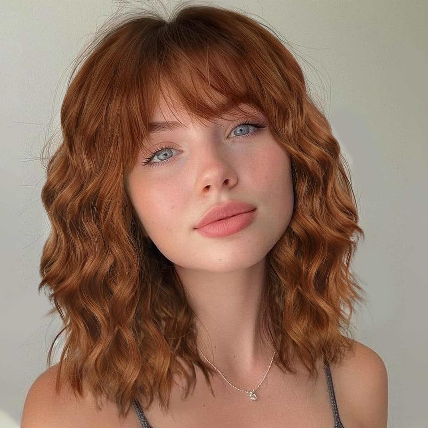 14inch Short Wavy Curly Bob Wig with Bangs Synthetic Hair for Women Black Brown