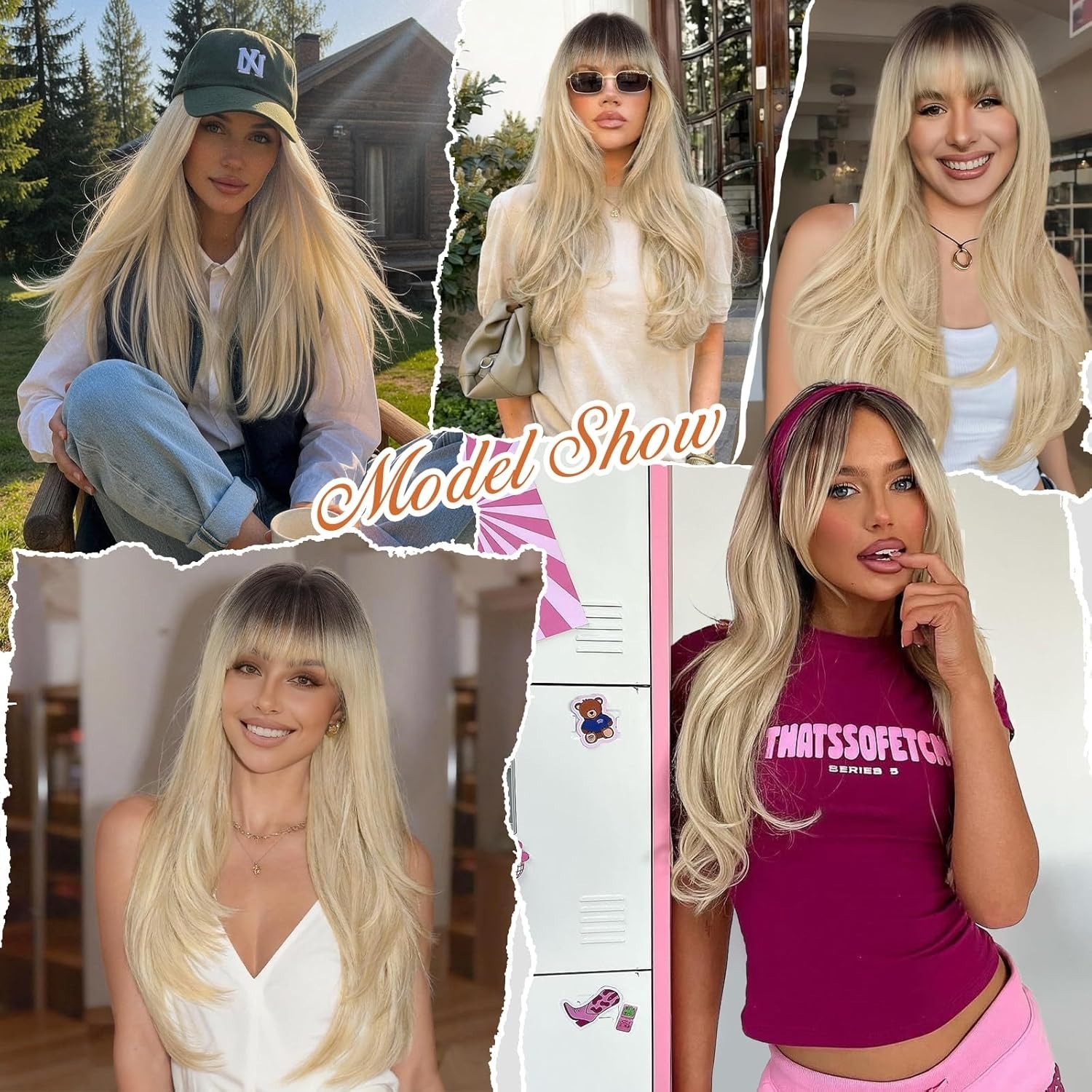 Ombre Blonde Wig with Bangs for Women, Long Layered 4×4 Realistic Scalp, Free Pa